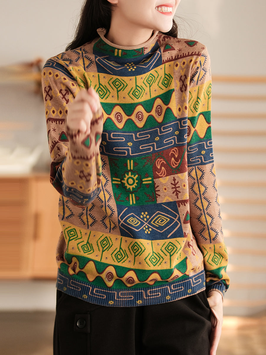 Half-High Collar Cotton Colorblock Women Autumn Casual Sweater