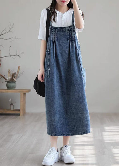 Plus Size Blue drawstring pocket Spaghetti Strap Cotton denim Dress