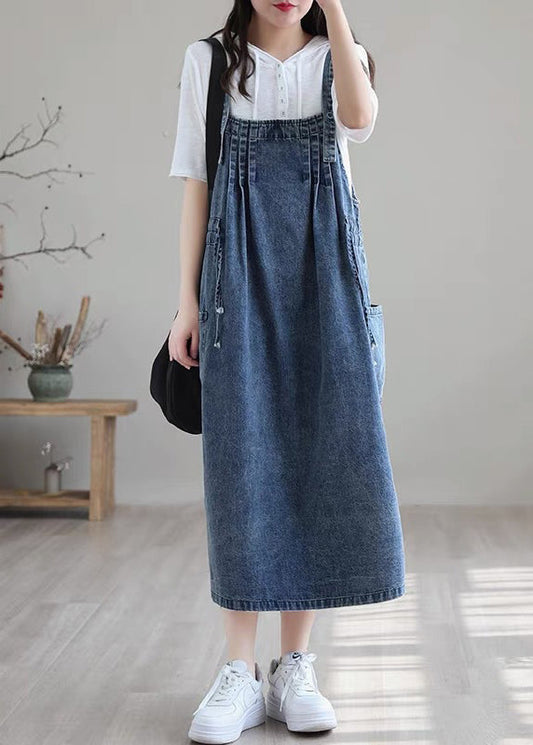 Plus Size Blue drawstring pocket Spaghetti Strap Cotton denim Dress