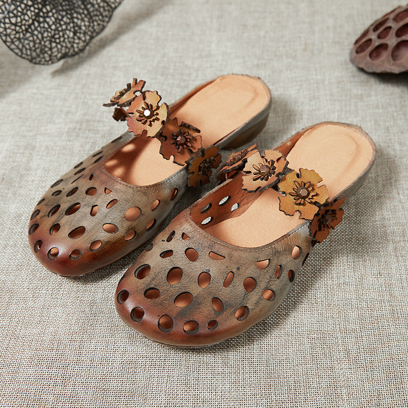 Women 2022 Vintage Floral Hollow Leather Slippers