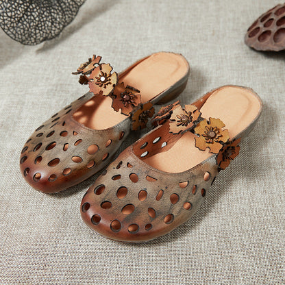 Women 2022 Vintage Floral Hollow Leather Slippers