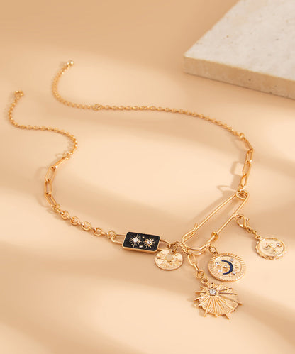 Bohemian Gold Copper Alloy Zircon Pin Asymmetrical Cross Pendant Necklace