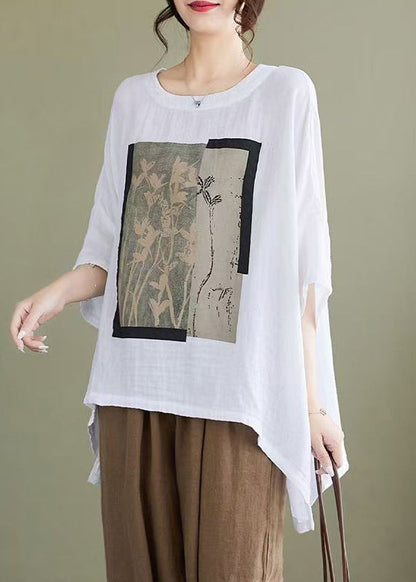 Plus Size White Print Low High Design Cotton Blouses Bracelet Sleeve