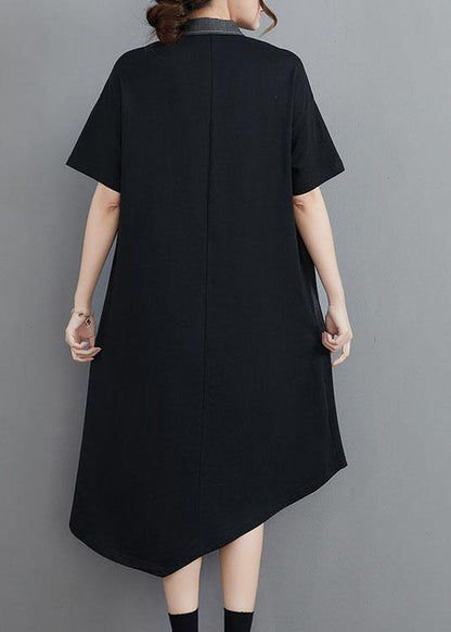 Classy Grey Patchwork Peter Pan Collar Pockets Long Summer Cotton Dress