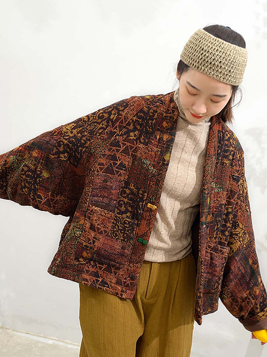 Women Winter Vintage Print Button Short Cotton Coat