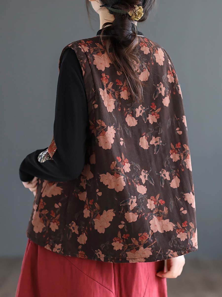 Women Artsy Ethni Floral Print Frog Waistcoat