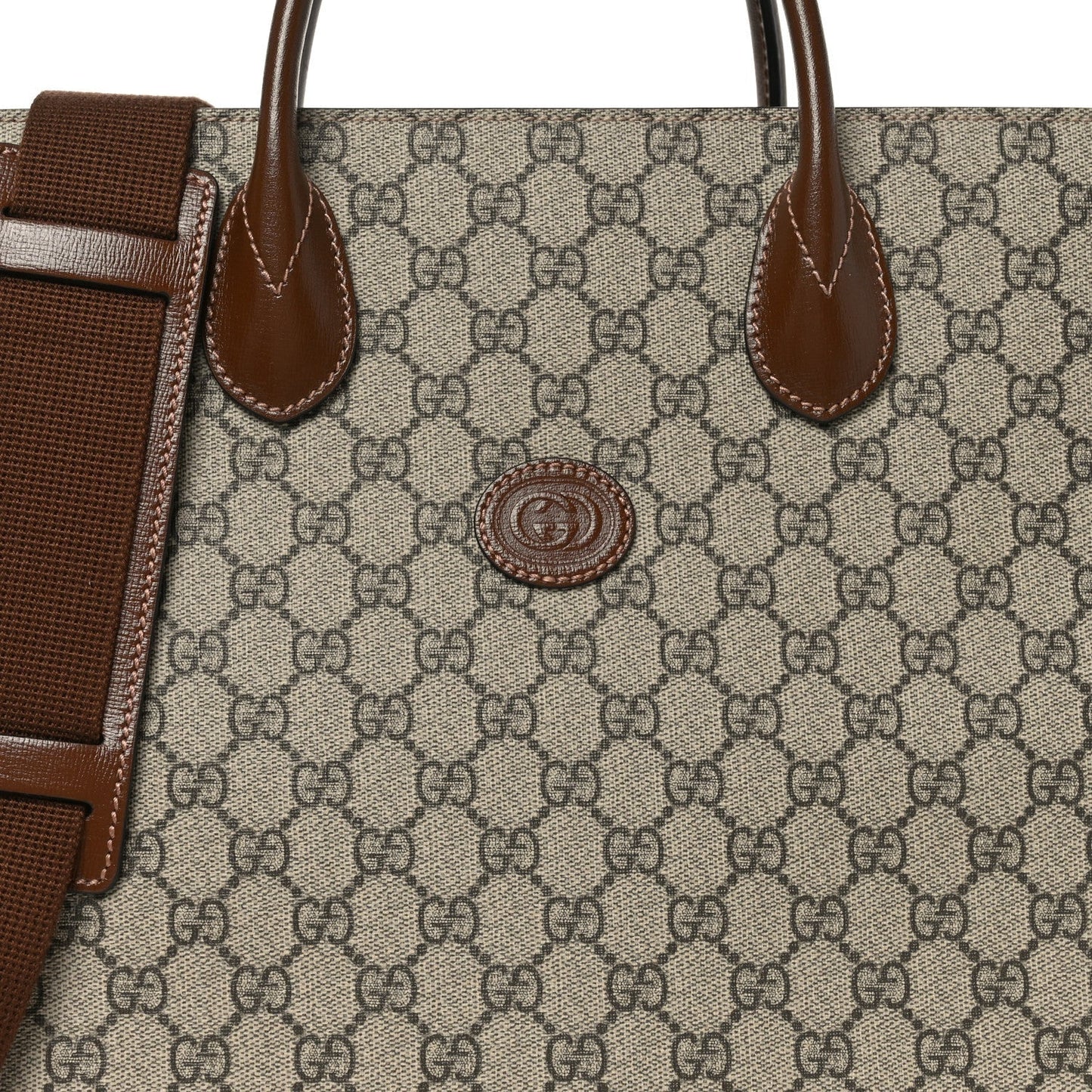 GG Supreme Monogram Azalea Calfskin Medium Retro Interlocking G Tote Bag Beige Ebony Brown Sugar