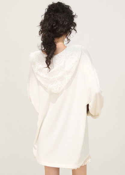 Fashion White Hooded Patchwork Lace Cotton Pullover Sweatshirt Spring