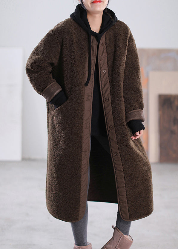 Loose Coffee O-Neck Patchwork Button Pockets  Faux Fur Coats Long Sleeve