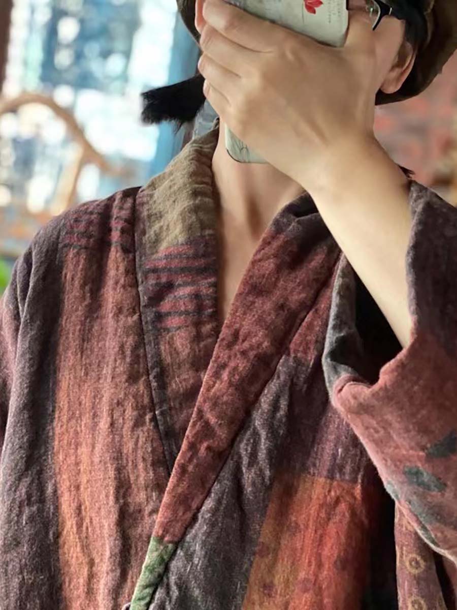 Women Winter Print Drawstring Linen Cotton Coat