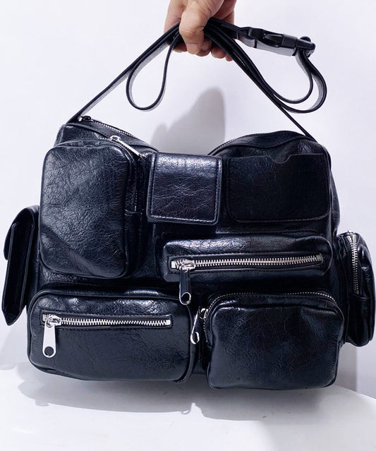 Casual  Black Asymmetrical Pockets Faux Leather Message Bag