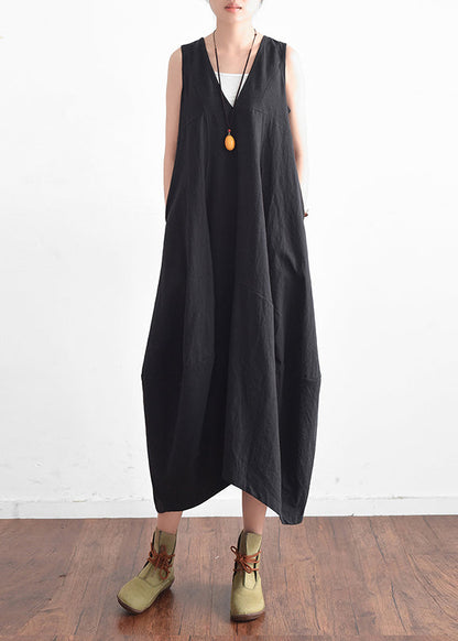 French black v neck linen clothes For Women stylish design sleevless loose summer Dress