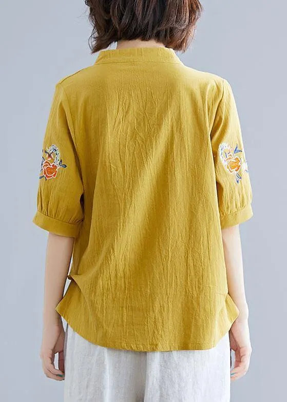 Women yellow embroidery linen cotton Blouse Sewing v neck summer top