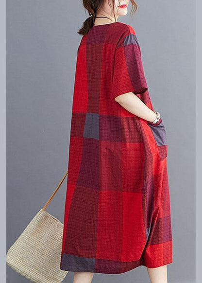 Plus Size Corron Linen Red O Neck Plaid Summer Maxi Dresses