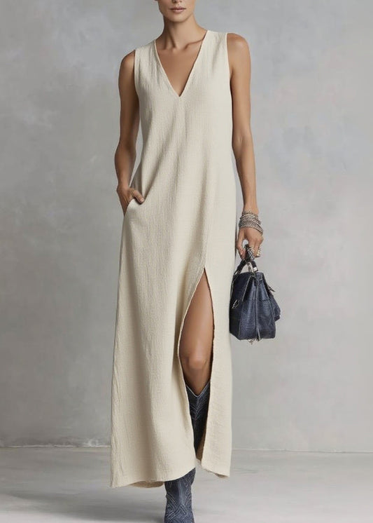 Brief Ramie V Neck Pockets Patchwork Solid Maxi Dresses Summer