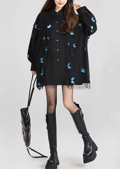 Chic Black Peter Pan Collar Butterfly Lace Patchwork Cotton Shirt Fall
