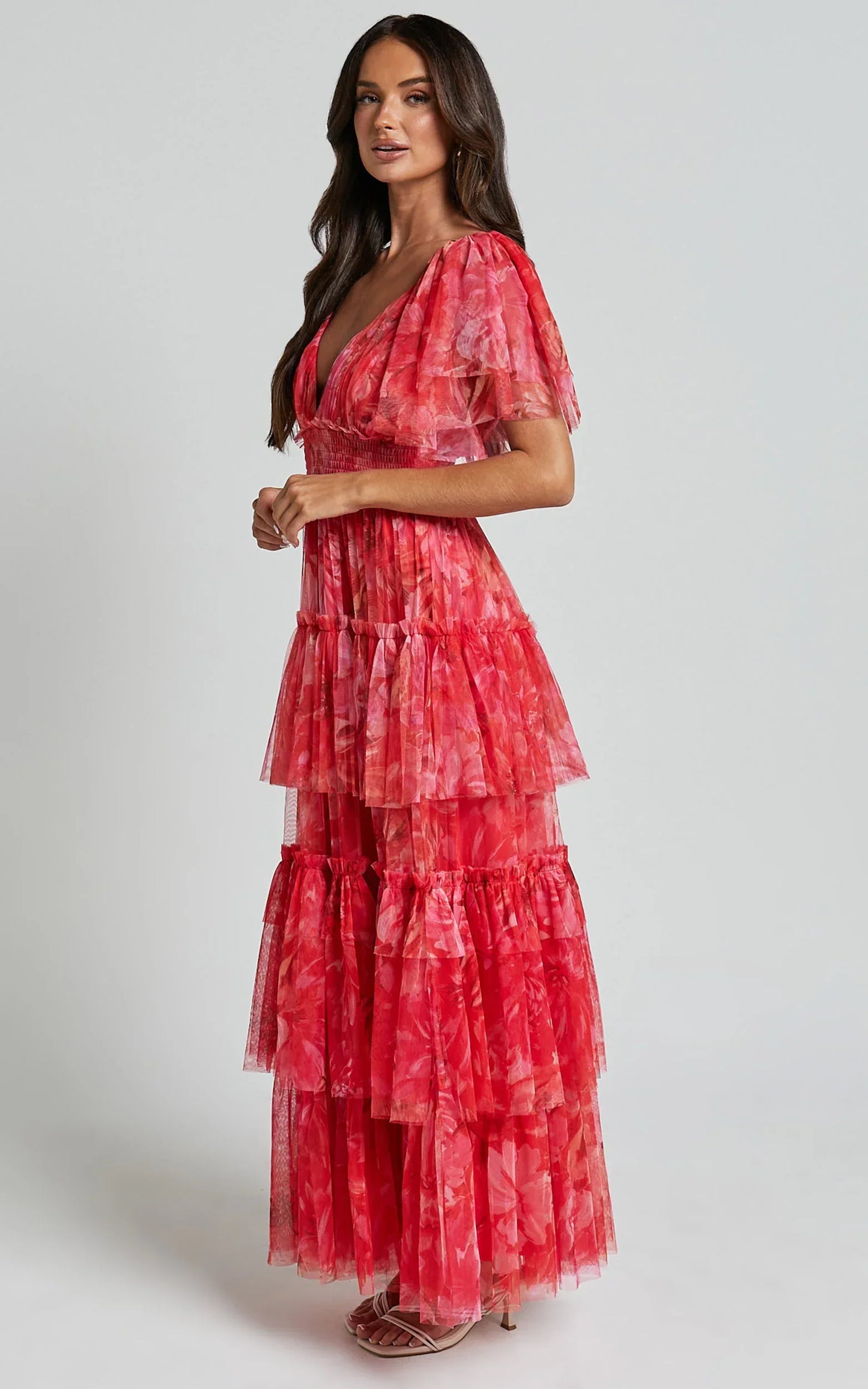 Leianna Midi Dress - Tulle Flutter Sleeve Tiered Ruffle Dress In Sunset Floral
