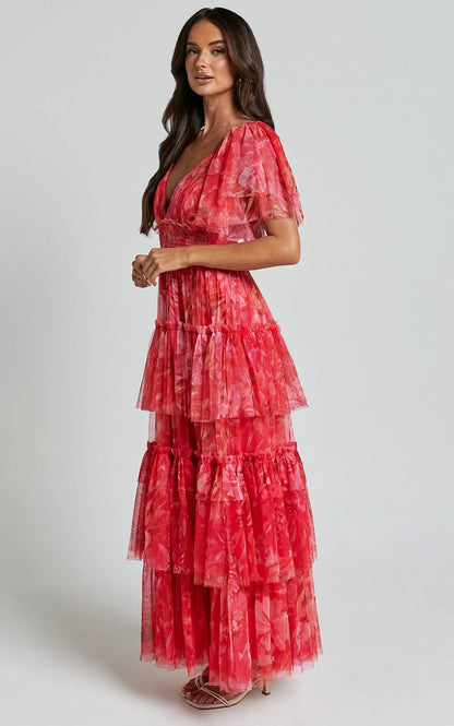 Leianna Midi Dress - Tulle Flutter Sleeve Tiered Ruffle Dress In Sunset Floral