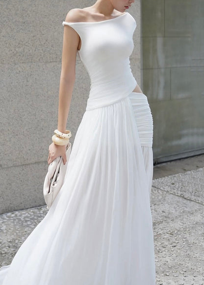 Chic White Asymmetrical Wrinkled Side Open Cotton Dress Summer