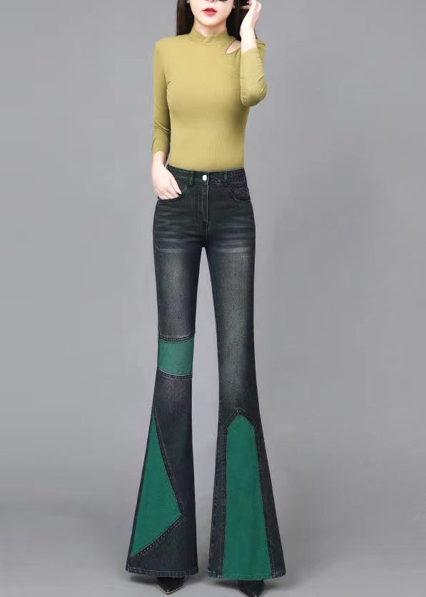 Beautiful Green Asymmetrical Patchwork Denim Flare Bottoms Spring
