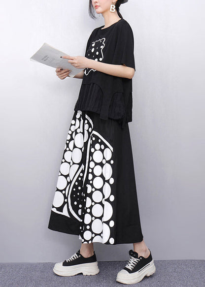 Casual Black Print Patchwork Cotton Two Pieces Set Summer