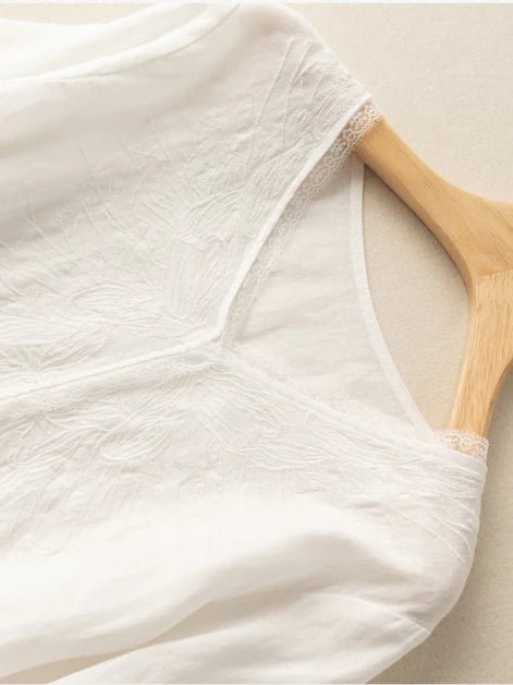 Embroidered V Neck 3/4 Sleeve Casual Linen Tee Top