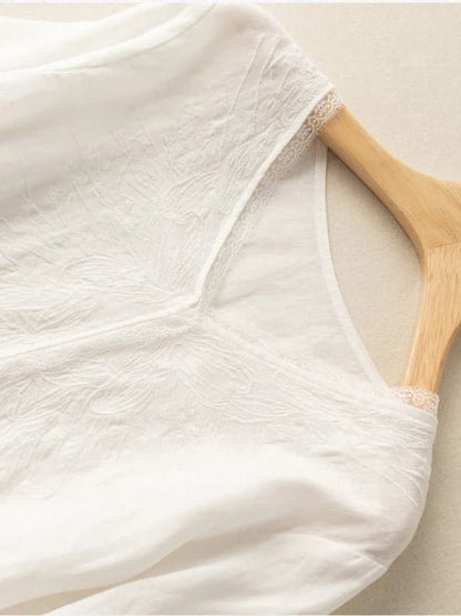 Embroidered V Neck 3/4 Sleeve Casual Linen Tee Top
