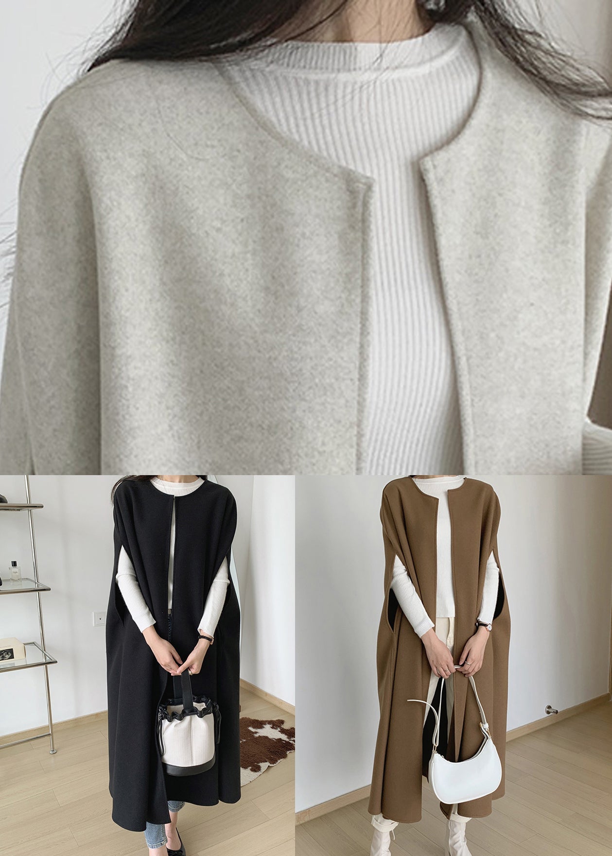 Beige Solid Woolen Long Waistcoat O Neck Winter