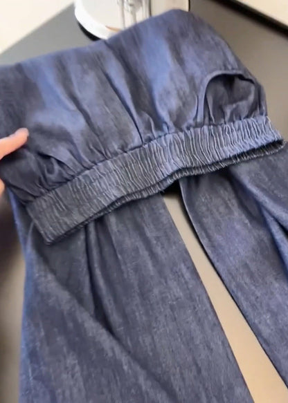 Casual Navy Pockets Lace Patchwork Denim Wide Leg Pants Fall