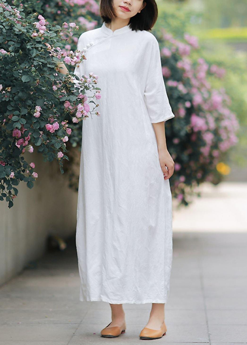 Unique stand collar half sleeve linen summerLong Shirts Tunic dress white Dress