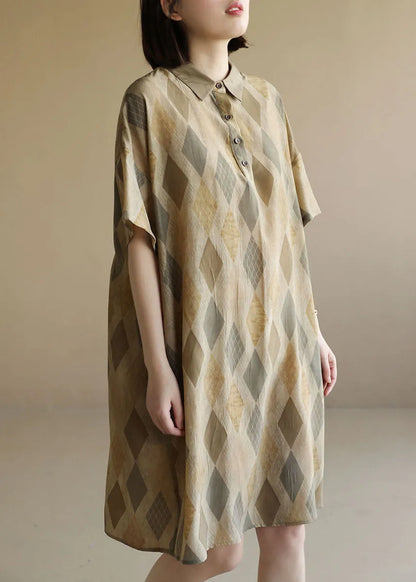 Diy Khaki Peter Pan Collar Print Cozy Mid Dress Short Sleeve