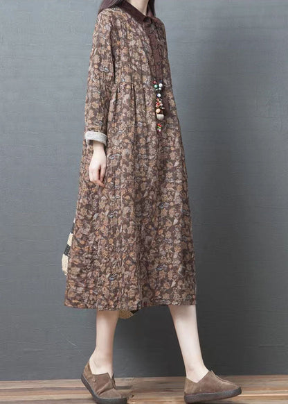 Organic lapel pockets cotton clothes Women Coffee print Art Dresses