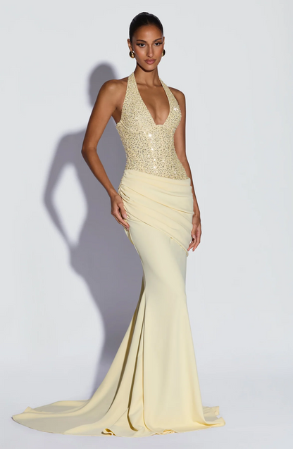 Luxury Champagne Gold Sequin Halter Backless Mermaid Evening Gown | Waist-Cinching Slimming Elegant Long Wedding Guest Dress