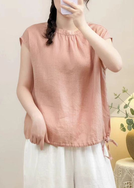 Purple Lace Up Solid Linen Summer Shirts O Neck