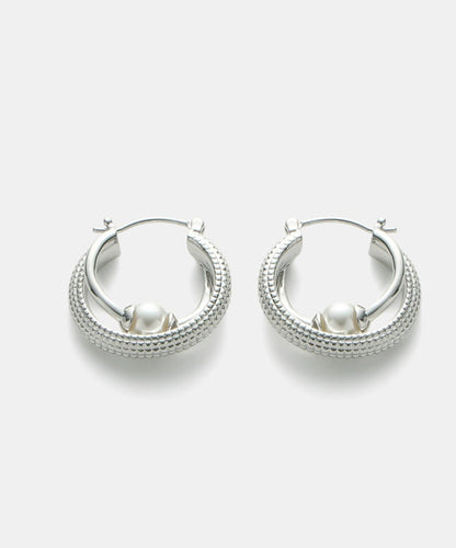 Style Silk Sterling Silver Double-Layer Pearl Hoop Earrings