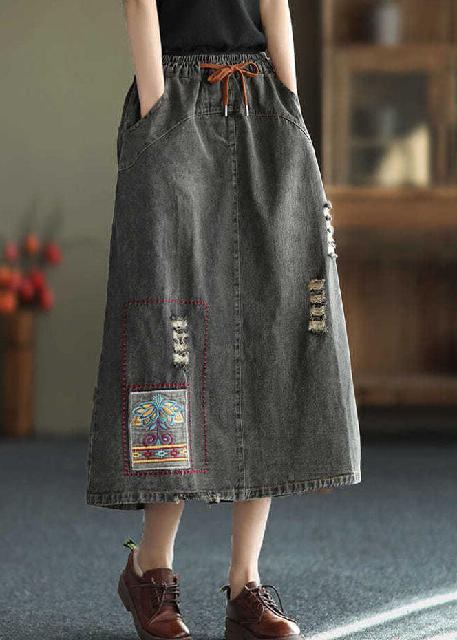 Fashion Black Side Open Embroideried Pockets Cotton Denim Ripped Skirt Cozy