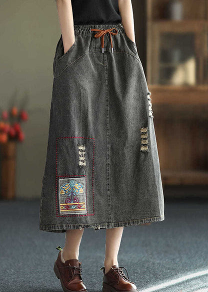 Fashion Black Side Open Embroideried Pockets Cotton Denim Ripped Skirt Cozy