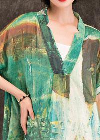 Beautiful green print linen clothes For Women v neck patchwork Maxi summer Dresses