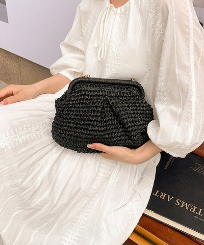 Handmade Khaki Straw Woven Chain Linked Flap Bag