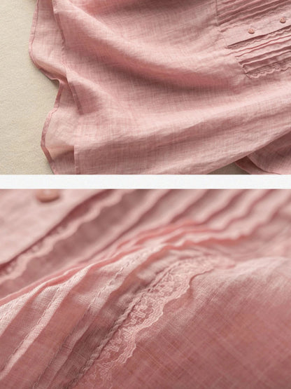 Solid Color Short Sleeve Casual Linen Pleated Top