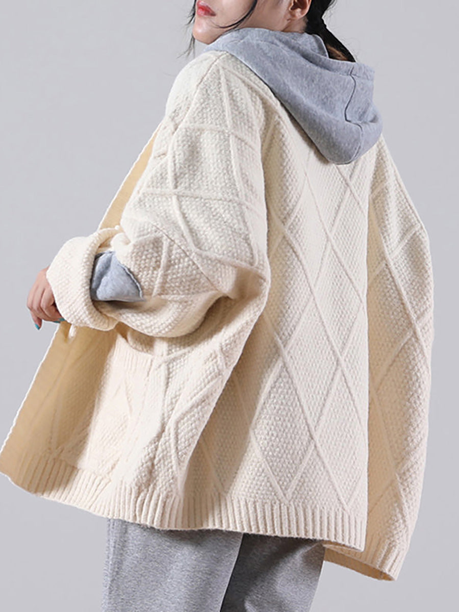 Plus Size - Hooded Knitted Pocket Patchwork Sweater Coat