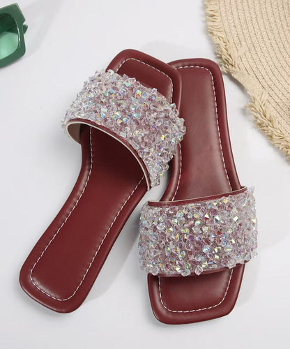 Beautiful Sequins Splicing Wine Red Faux Leather Slide Sandals