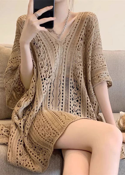 Women Khaki V Neck Hollow Out Knit Tops Half Sleeve