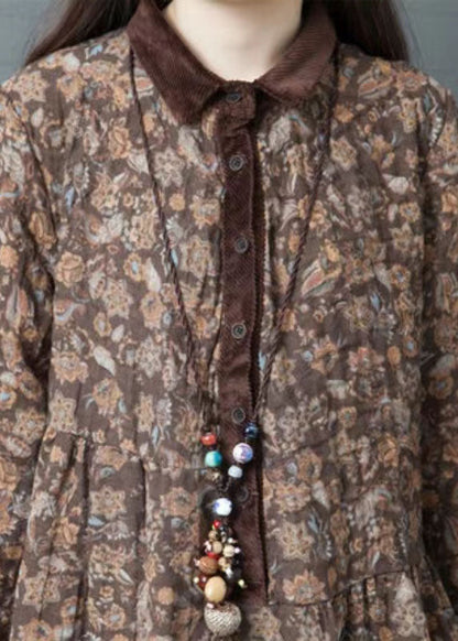 Organic lapel pockets cotton clothes Women Coffee print Art Dresses