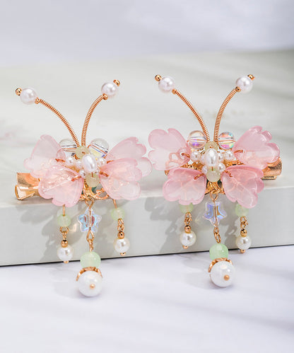 Cute Pink Copper Alloy Pearl Butterfly Tassel Kids A Pair Hairpin