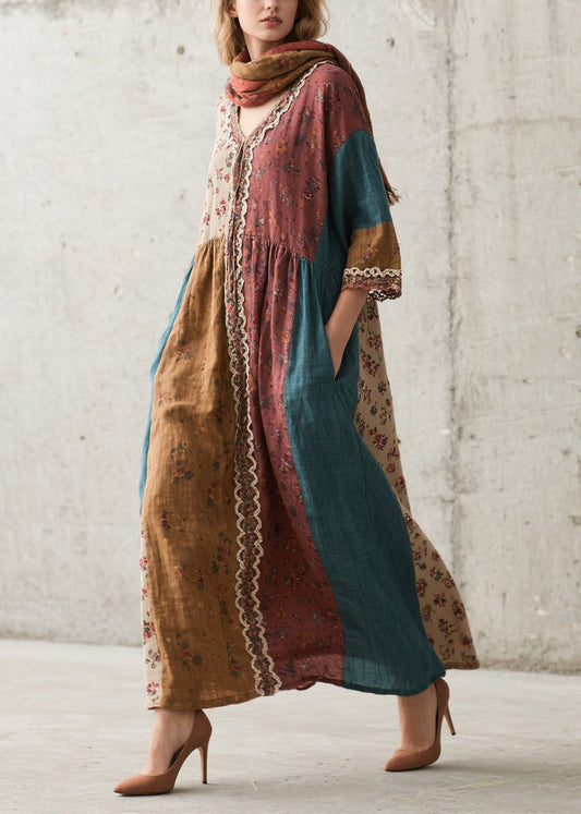 Elegant Colorblock Oversized Patchwork Print Cotton Dresses Summer