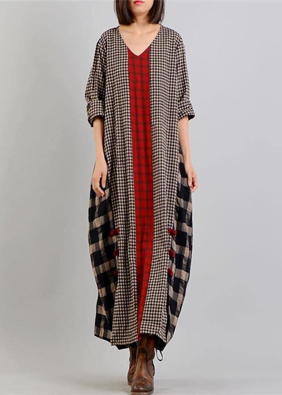 2019 black Plaid autumn Loose fitting v neck patchwork traveling clothing vintage Chinese Button dresses