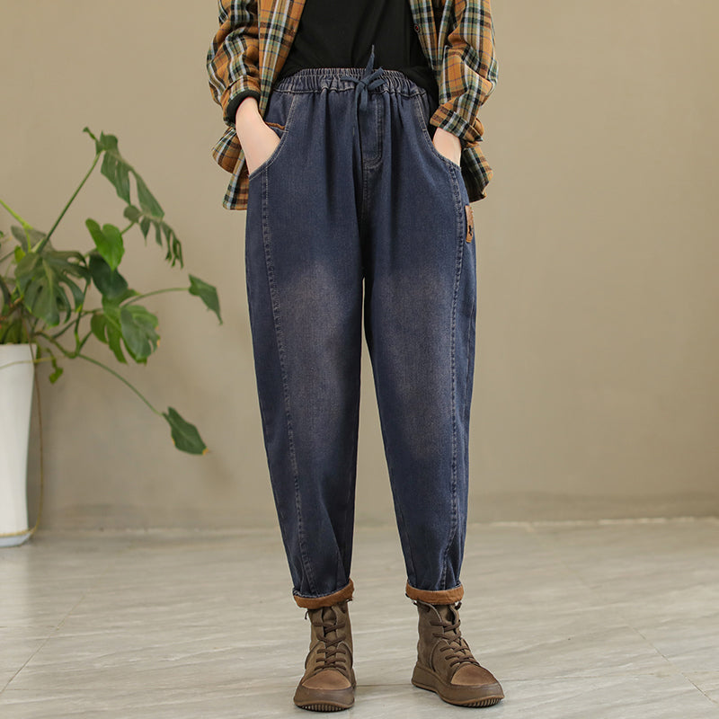 Women Retro Patchwork Winter Fur Harem Jeans