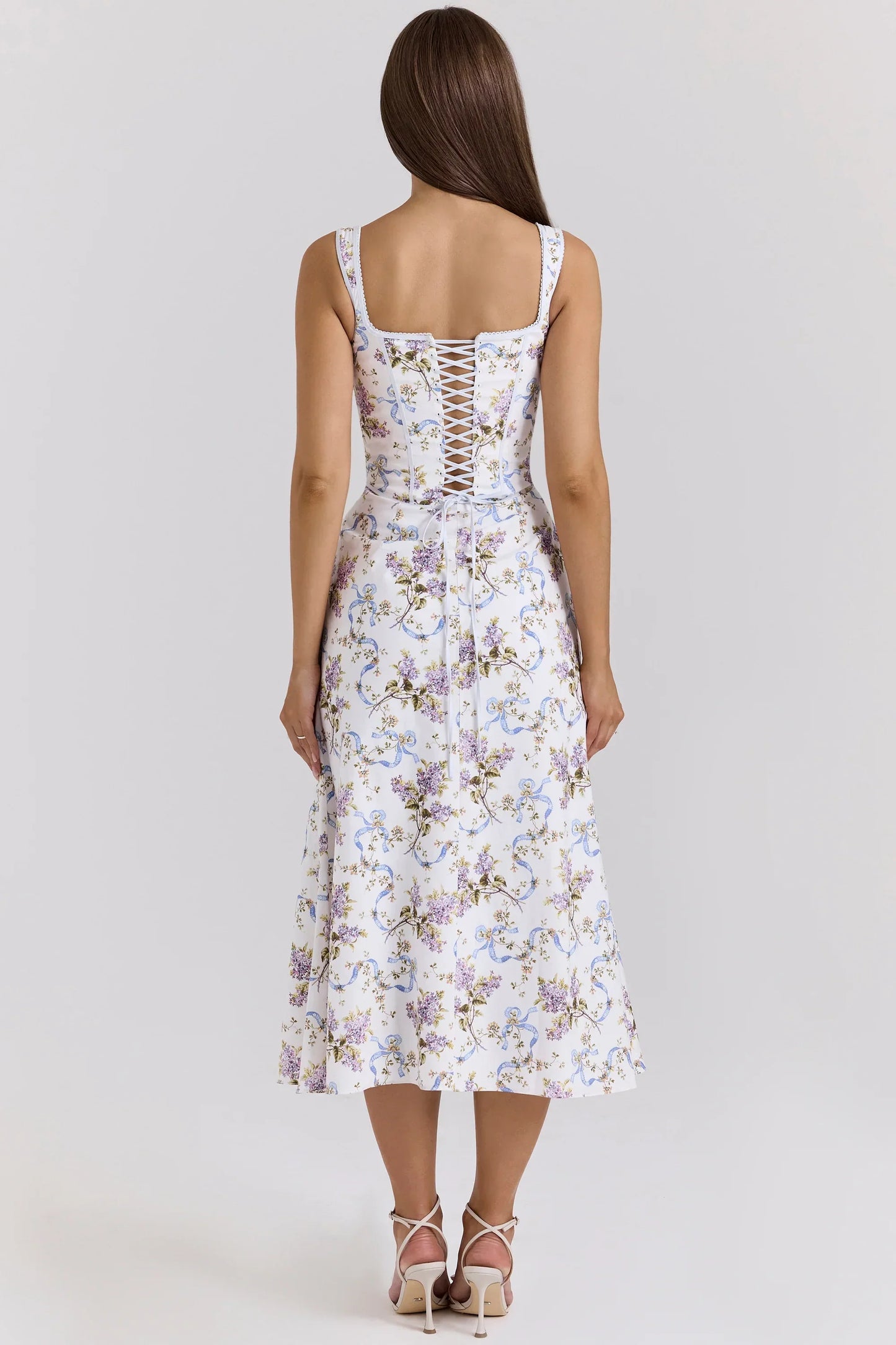 Off White Floral Print Cotton Midi Dress