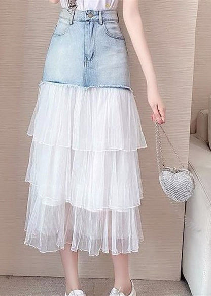 Chic Blue High Waist Tulle Patchwork Denim A Line Skirt